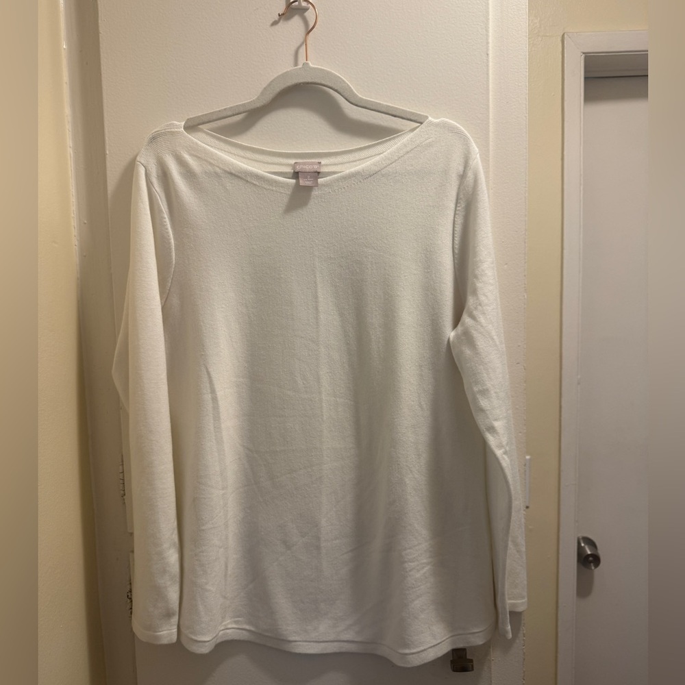 Chico’s Bateau-Neck Shirttail-Hem Pullover Sweater | Ecru | Sz 2